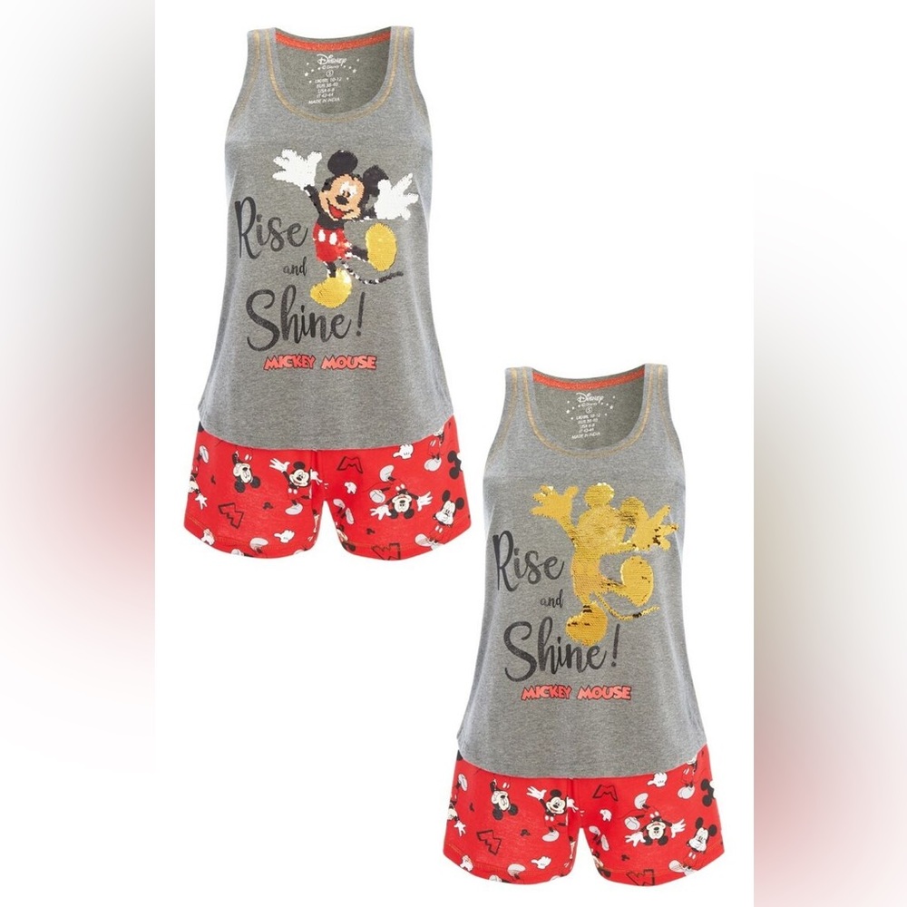 Mickey Rise and Shine Reversible Sequin Pajama Set Tank Shorts Red Gray Gold S